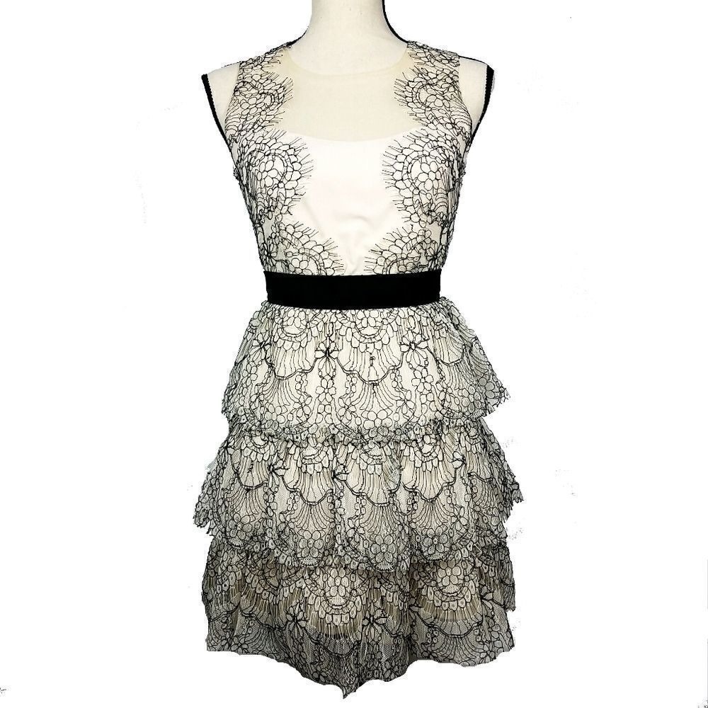 Gianni Bini Black Ivory Lace Tiered Ruffle Cocktail Dress Sleeveless Illusion XS